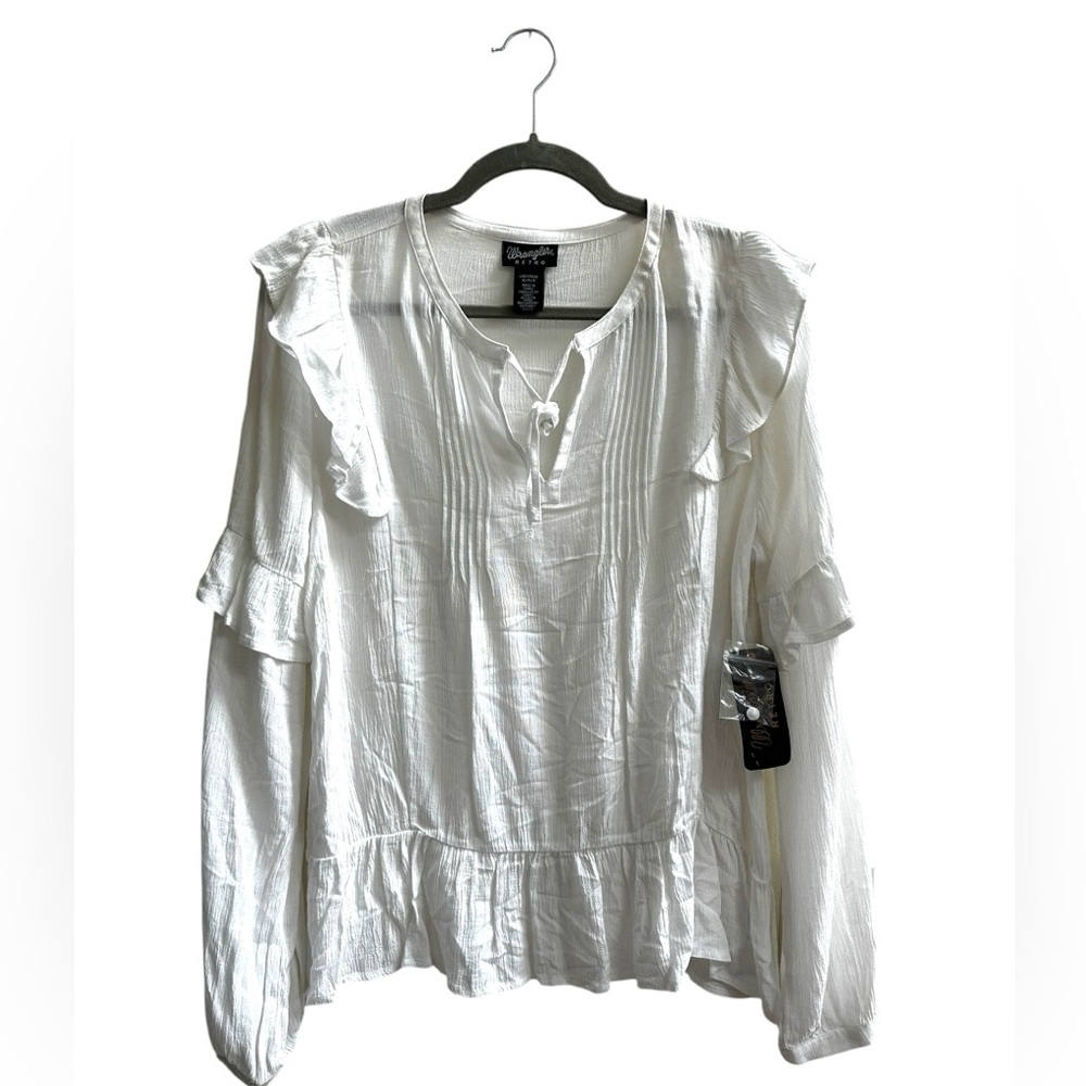 Wrangler White Ruffle Pintuck Peasant Top